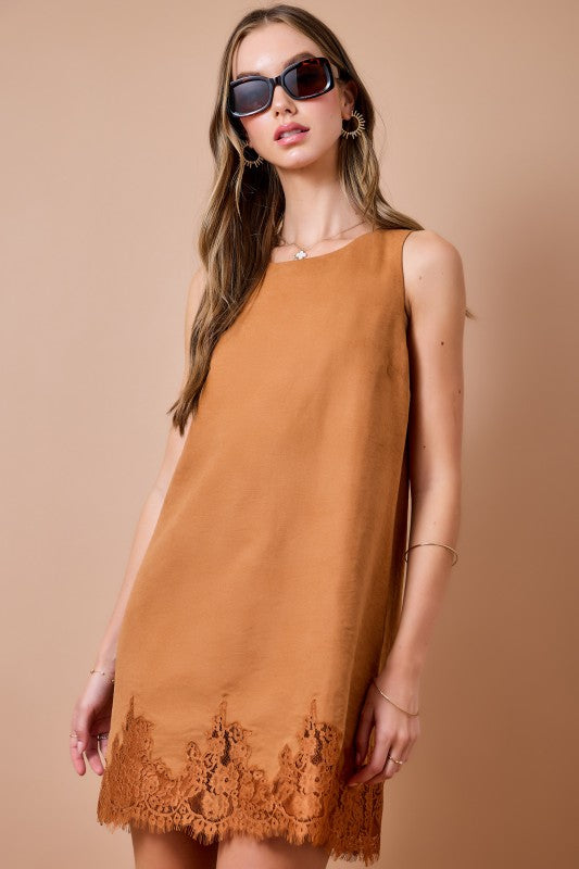 Sleeveless Suede Shift Dress with Lace Hem- Camel