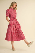Venice Red Striped Button Down Midi Dress with Tie Waist