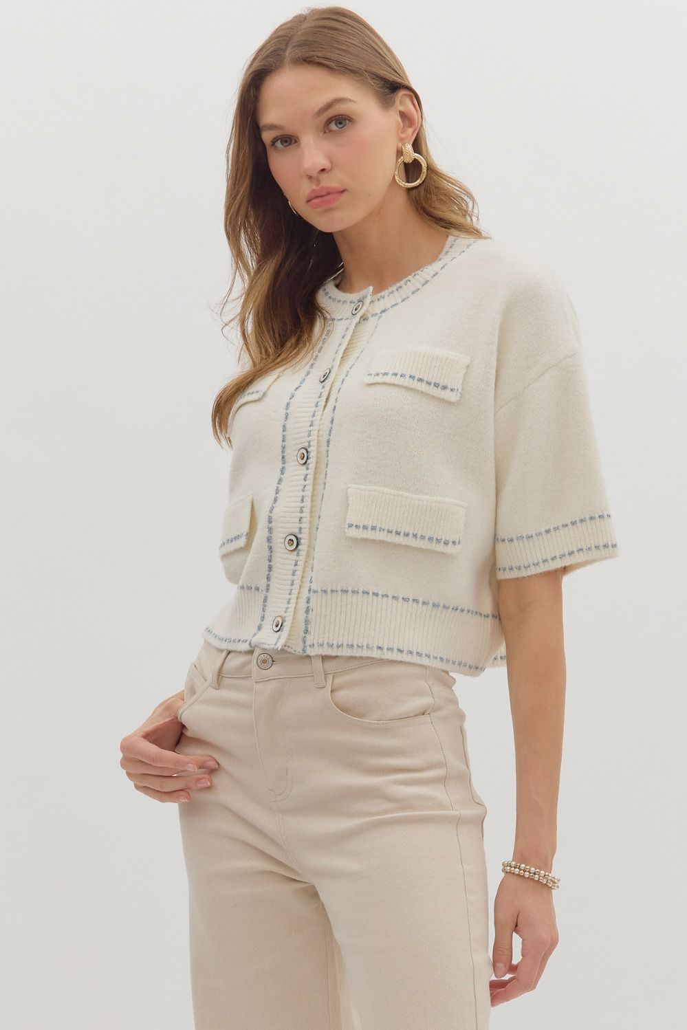 Cream Button Down Short Sleeve Cardigan With Light Blue Stitching