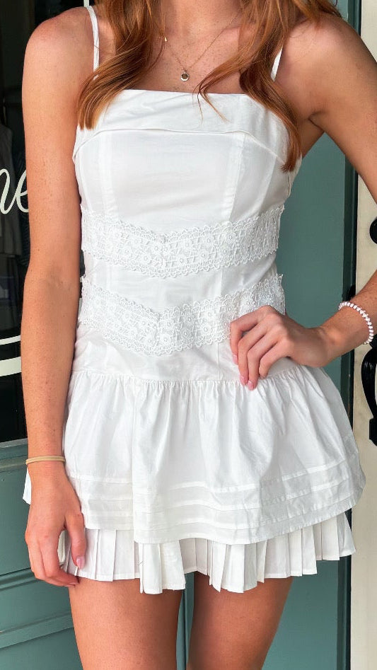 Leighton White Mini with Pleated Hem and Lace Detail
