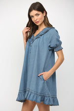 Ruffled V-Neck Short Puff Sleeve Mini Dress by FATE