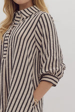 Black Stripe 3/4 Sleeve Mini Dress with Half Button Detail