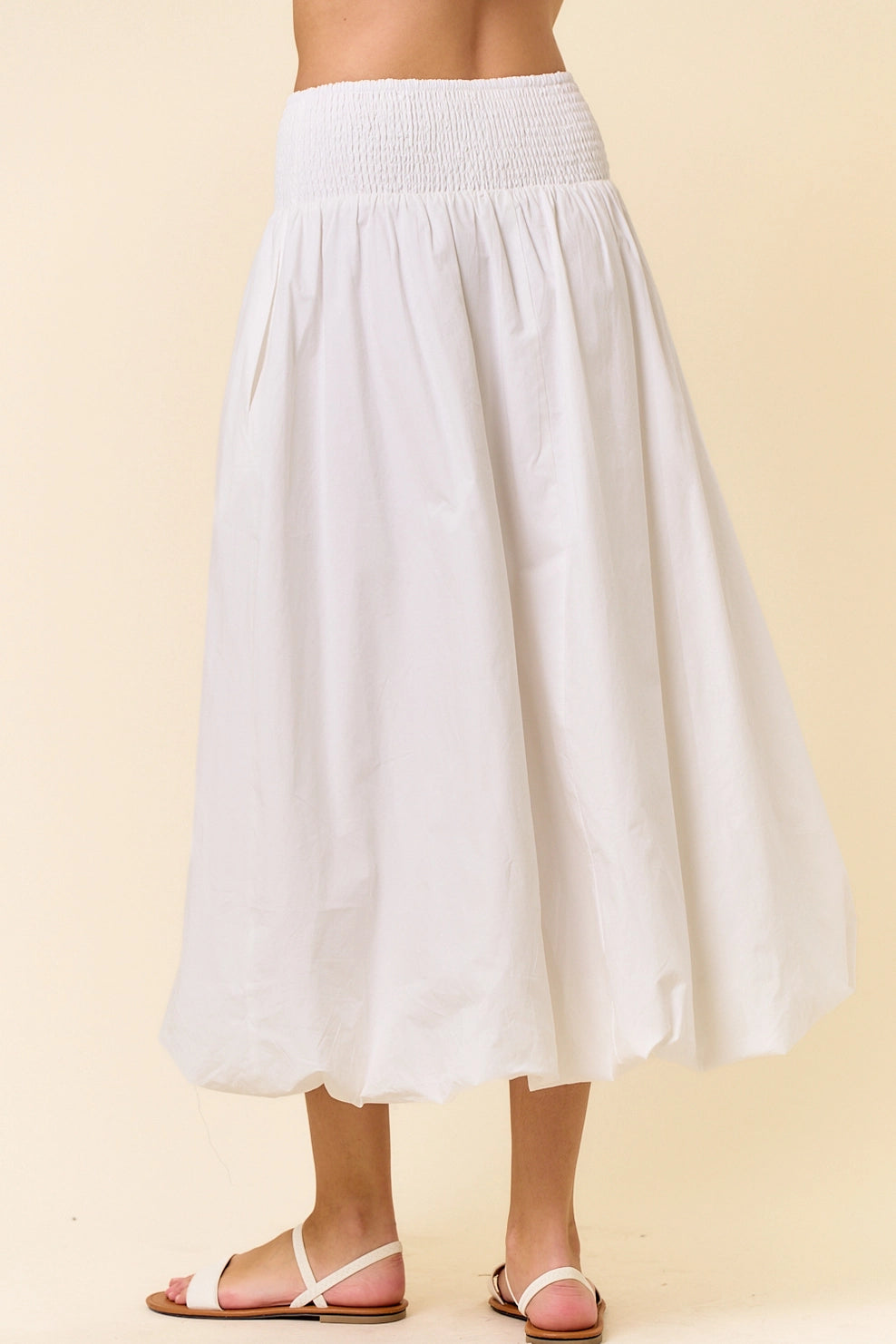 Smocked Wide Waistband Bubble Hem Maxi Skirt-WHITE