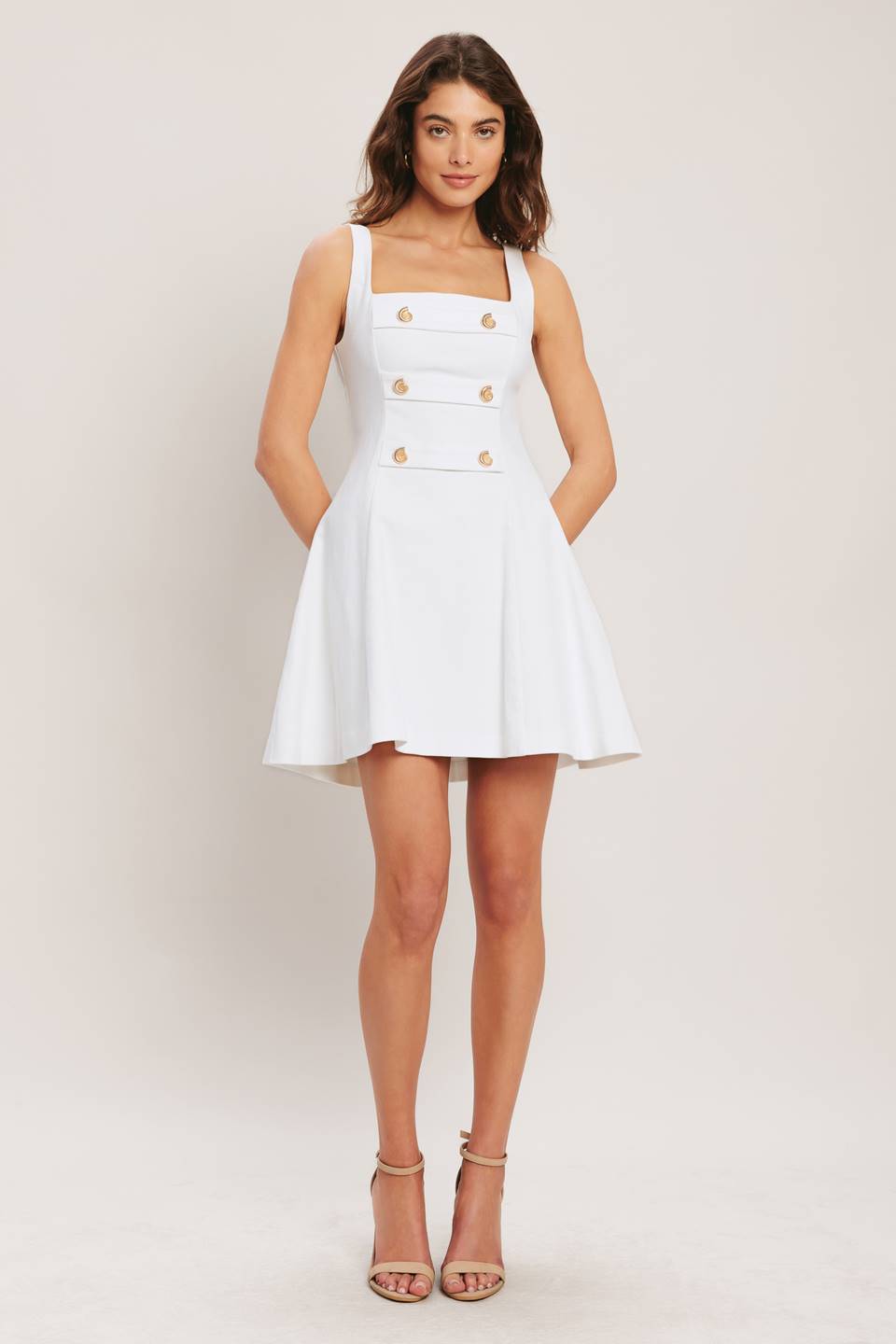 Palmetto Square Neck Mini Dress with Gold Button Detail