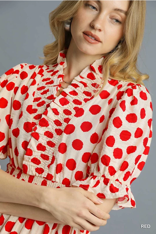 Plaza Red Polka Dot Midi featuring a Smocked Waist and Ruffle V Neck