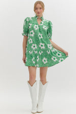 Green Floral Puff Sleeve Mini Dress