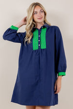 CONTRAST LONG SLEEVE COLLARED TUNIC DRESS