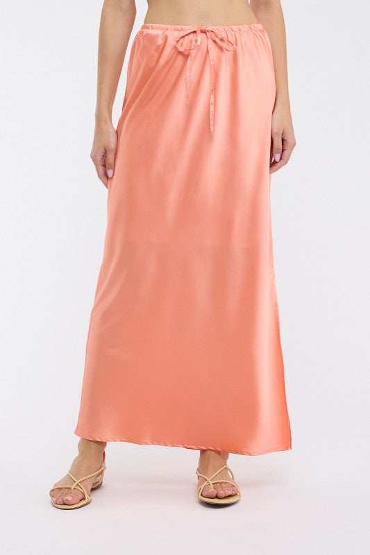Victoria Satin Midi Skirt with Side Slit- Melon