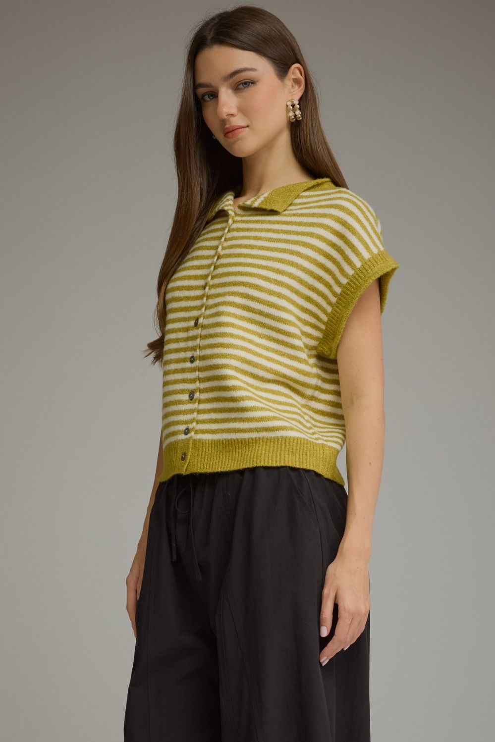Olive Martini Sleeveless Striped Button Down Sweater Cardigan