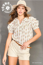 Floral Print Top with Ruffle Bib Detail