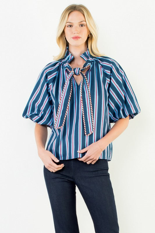 THML Blue/Red Striped Top with Bow Tie Neck