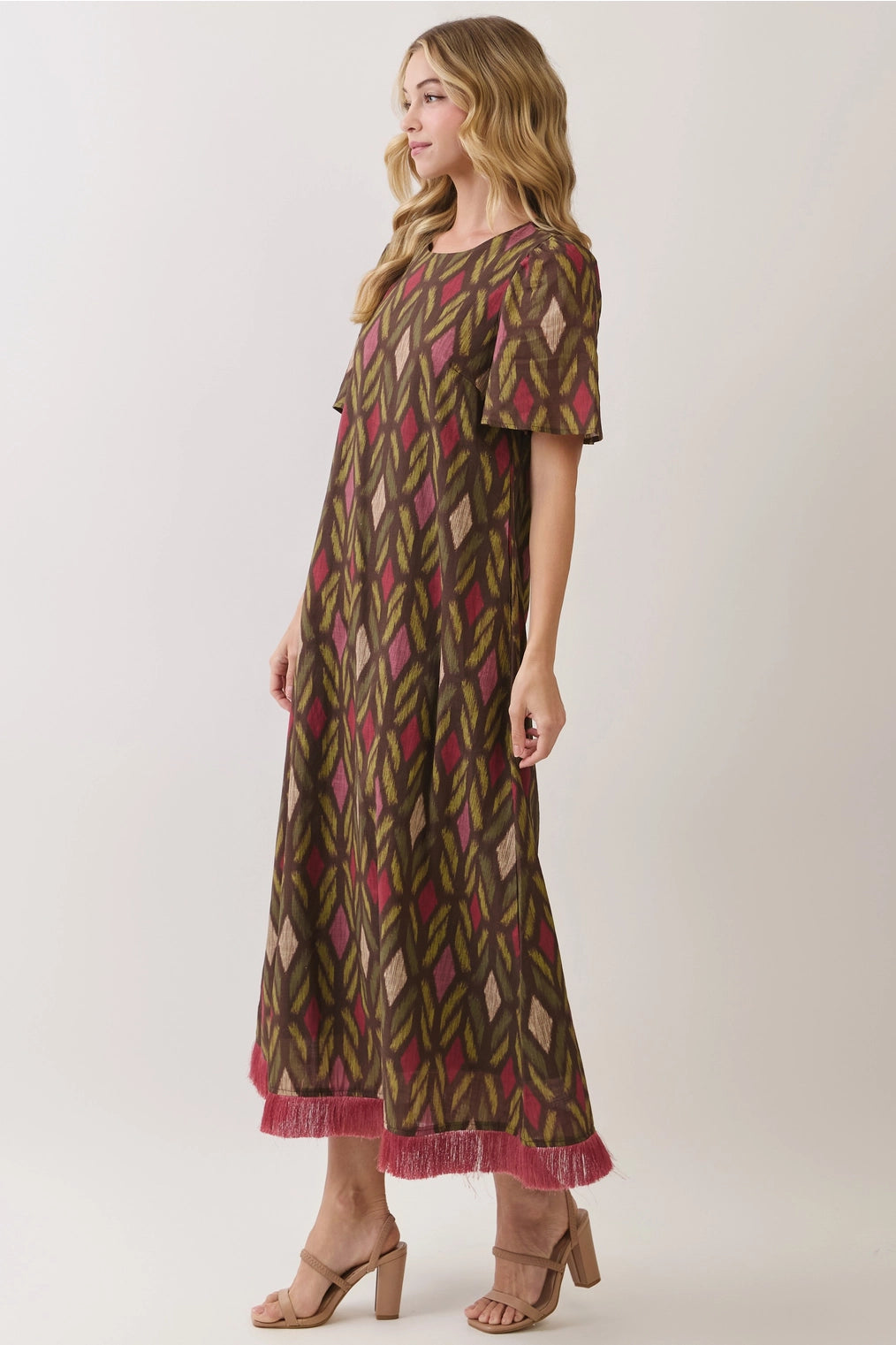 Vivian Geo Diamond Print Maxi with Fringe Hem Detail
