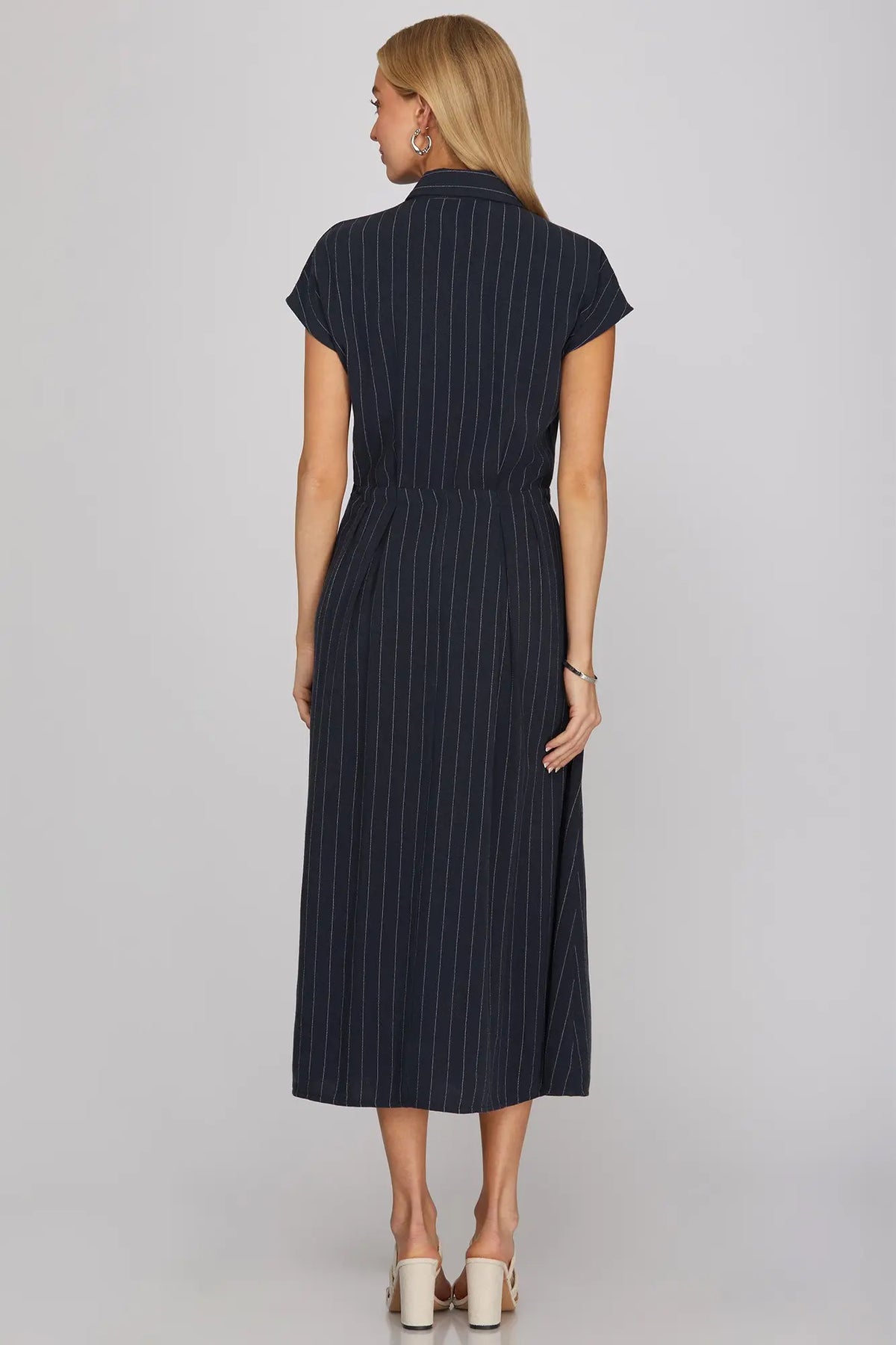 Catalina Navy Stripe Button Down Midi Dress With Waist Tie And Pockets
