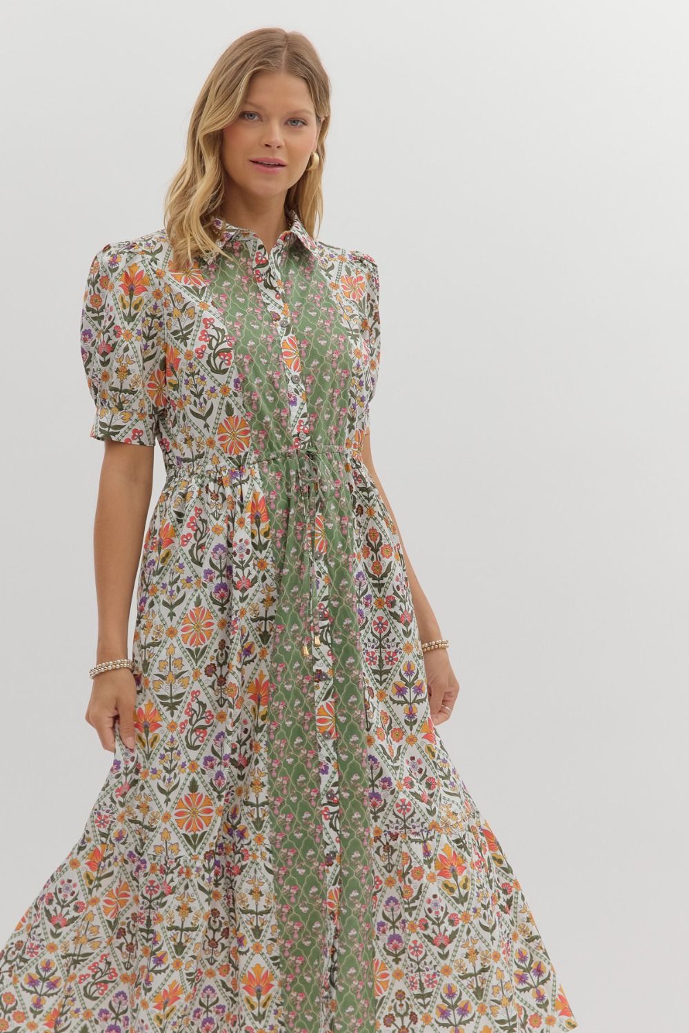 Olive Diamond Pattern Floral Print Midi Dress with Front Button Closure and Adjustable Tie Waist