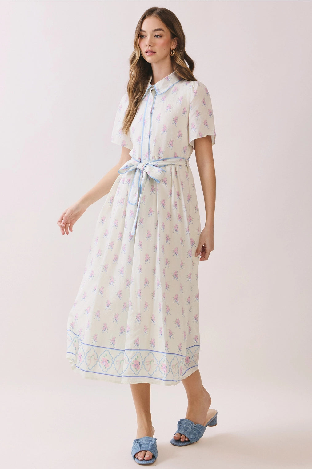 Suzanna Floral Contrast Piping Detail Tie Waist Midi Dress