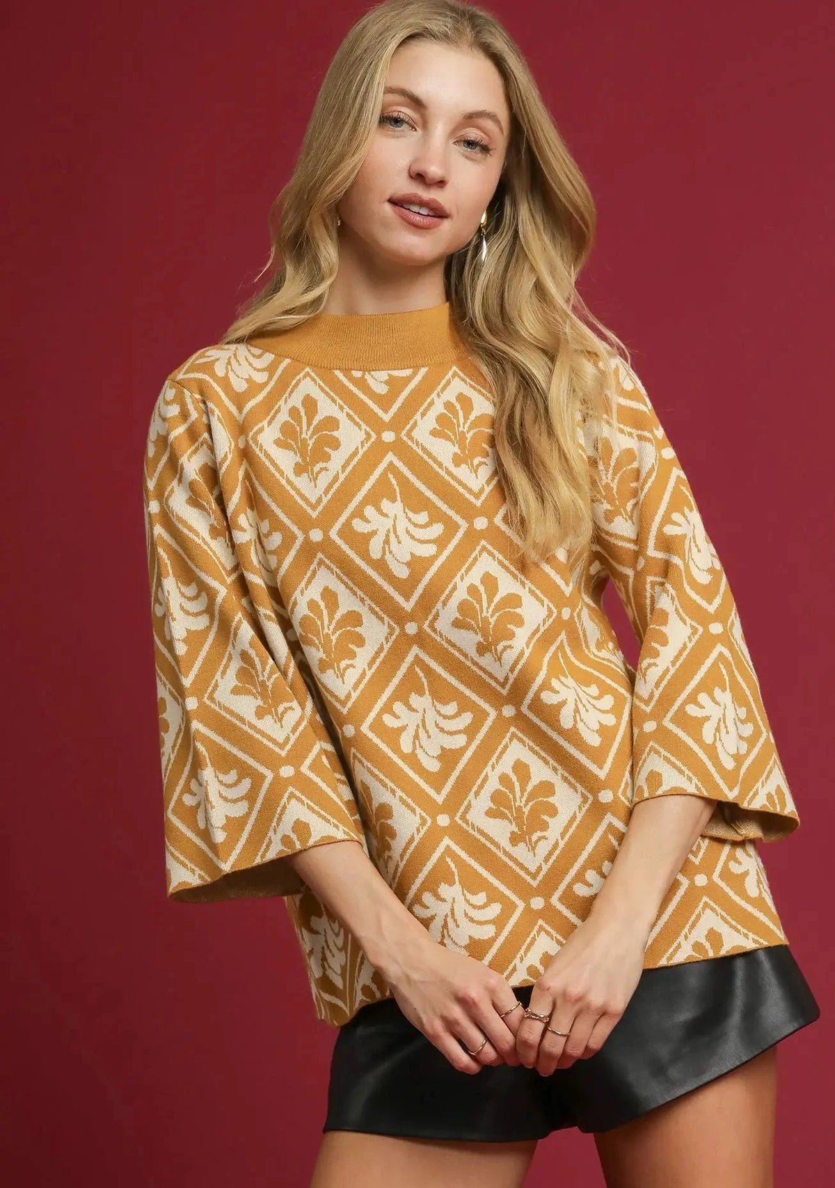 Mustard Abstract Print Mock Neck Sweater