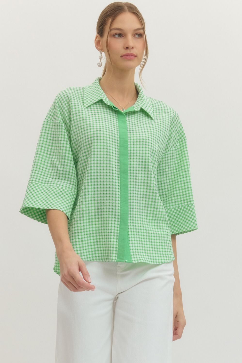 Piper Gingham 3/4 Sleeve Top with Hidden Button Placket - Mint￼