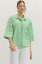 Piper Gingham 3/4 Sleeve Top with Hidden Button Placket - Mint￼