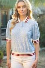 Voy Stripe Trim Floral Eyelet Polo Top- Blue/Red