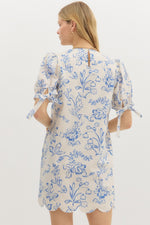 Marley Blue Floral Shift Mini Dress with Puff Sleeve Tie Detail