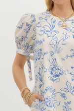 Marley Blue Floral Shift Mini Dress with Puff Sleeve Tie Detail