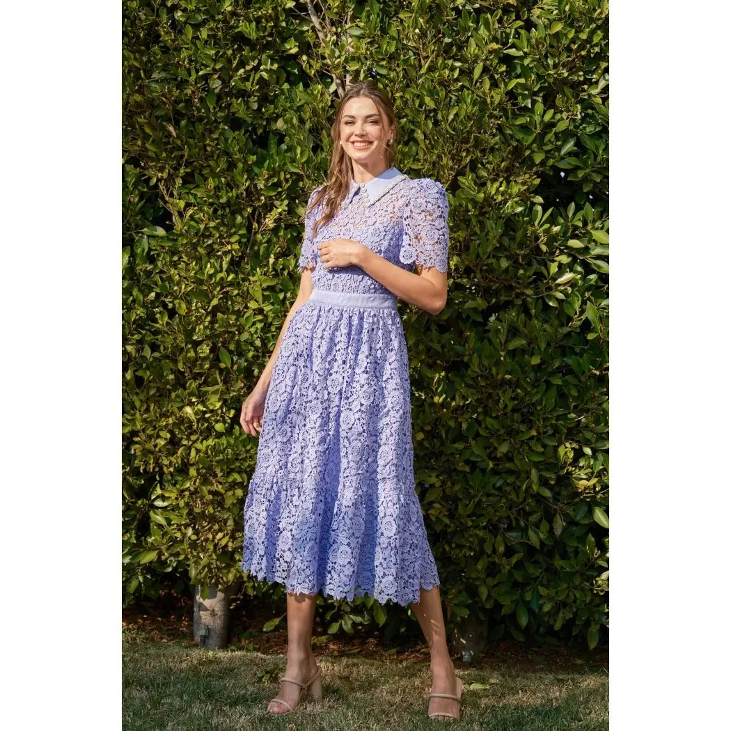 SALE! Penelope Periwinkle Pearl Embellished Collar Lace Midi Dress To The Nines SALE! Penelope Periwinkle Pearl Embellished Collar Lace Midi Dress To The Nines