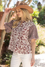 Maroon Embroidered Print Mixed Top