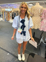 Waterford Striped Top & Shorts SET with Navy Bow Tie Accents