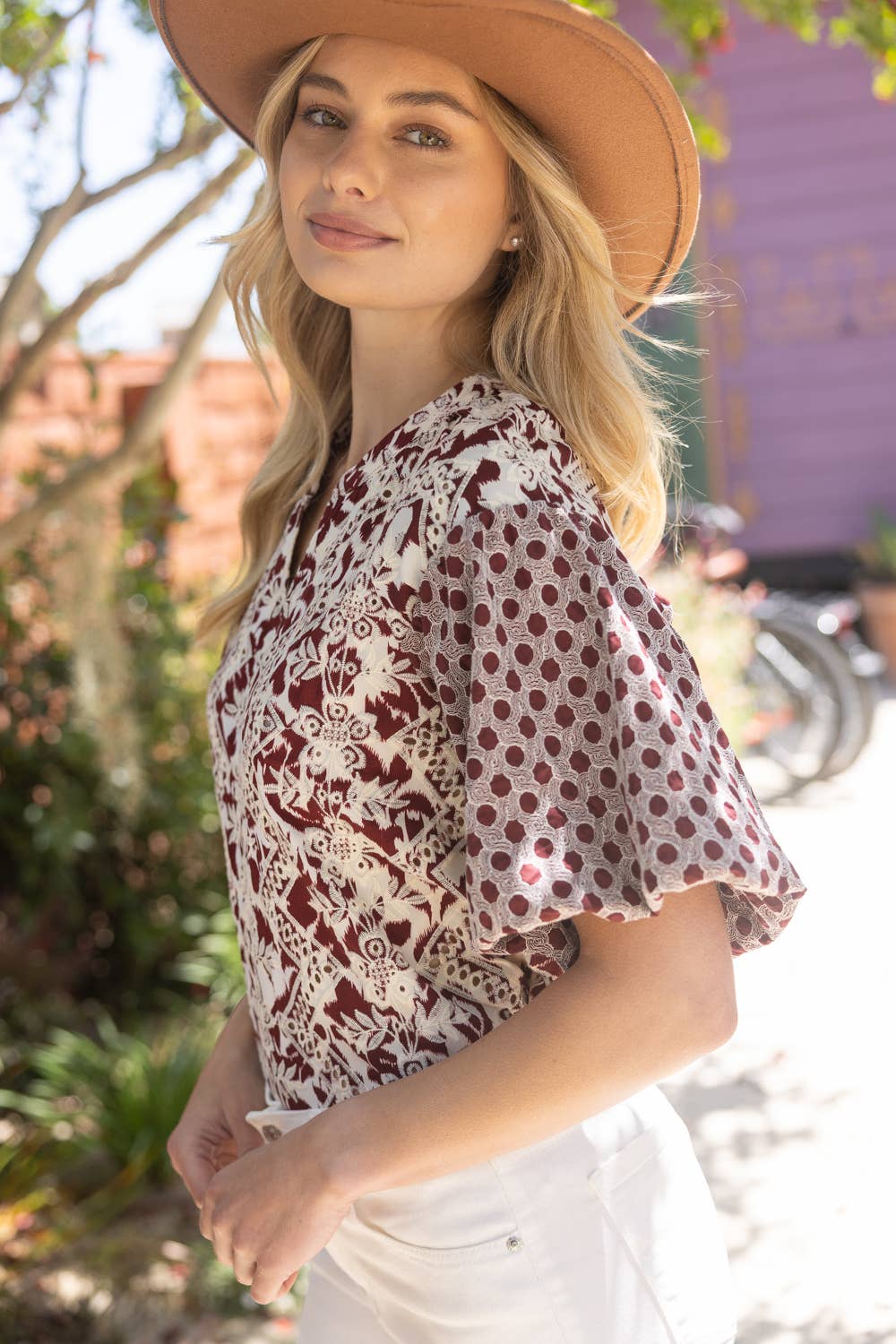 Maroon Embroidered Print Mixed Top