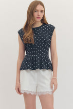 Blaine Polka Dot Peplum Top- Navy