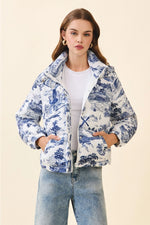 Navy Vintage Print Zip Snap Button Puffer Jacket