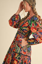 Bold Floral Long Sleeve Midi with Puff Shoulder and Black Contrast Binding