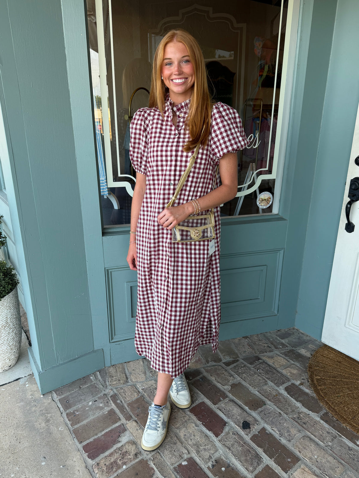 Emmie Gingham Button Down Midi with Ruffle Neck- Maroon