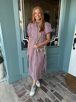 Emmie Gingham Button Down Midi with Ruffle Neck- Maroon