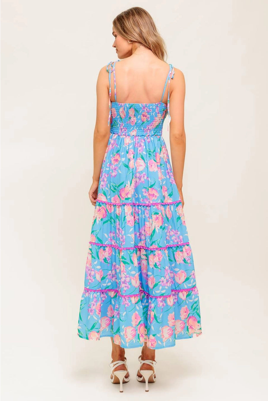 TROPICAL BLUE and PINK FLORAL PRINTED MAXI DRESS