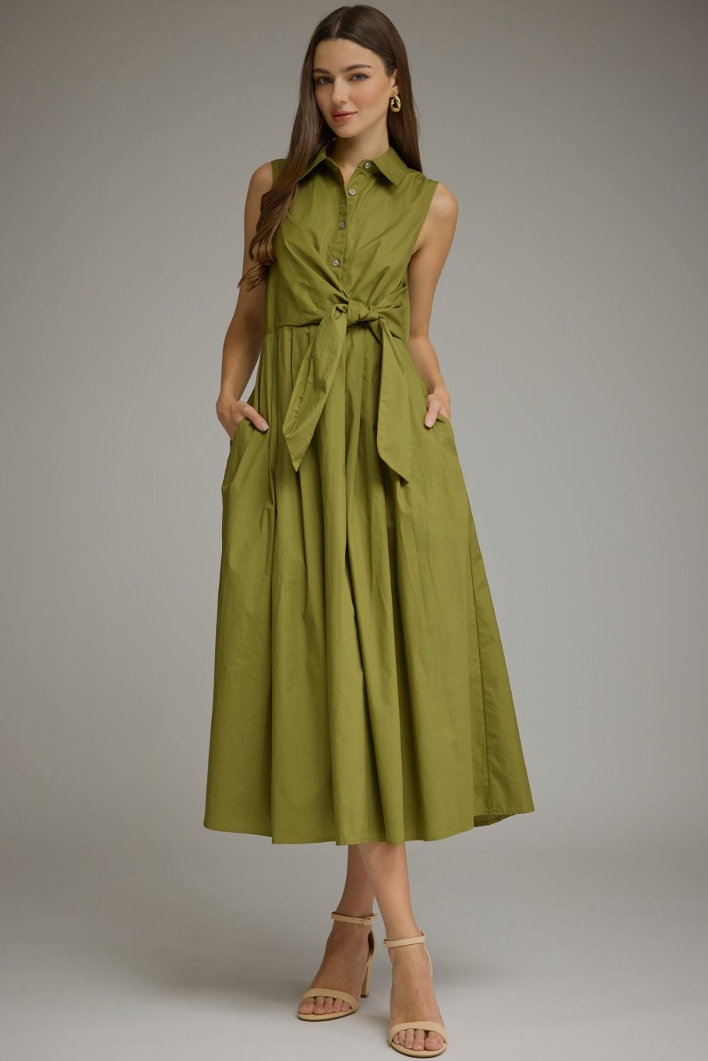 Lila Button Front Self-Tie Waist Midi Dress- Chartreuse Olive