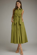 Lila Button Front Self-Tie Waist Midi Dress- Chartreuse Olive