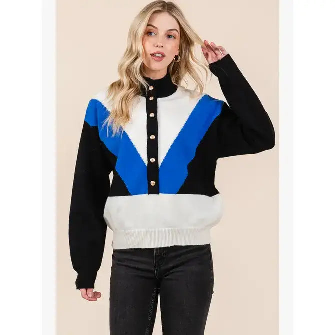 Color Block Button Down Sweater- Black, Royal and Cream