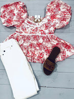 Red Toile Puff Sleeve Baby Doll Top with White Stitching