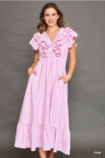 Pretty in Pink Stripe Midi with Ruched V-neck and Side Pockets