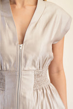 Champagne V-Neck Shoulder Padded Front Zip Waist Smocked Top