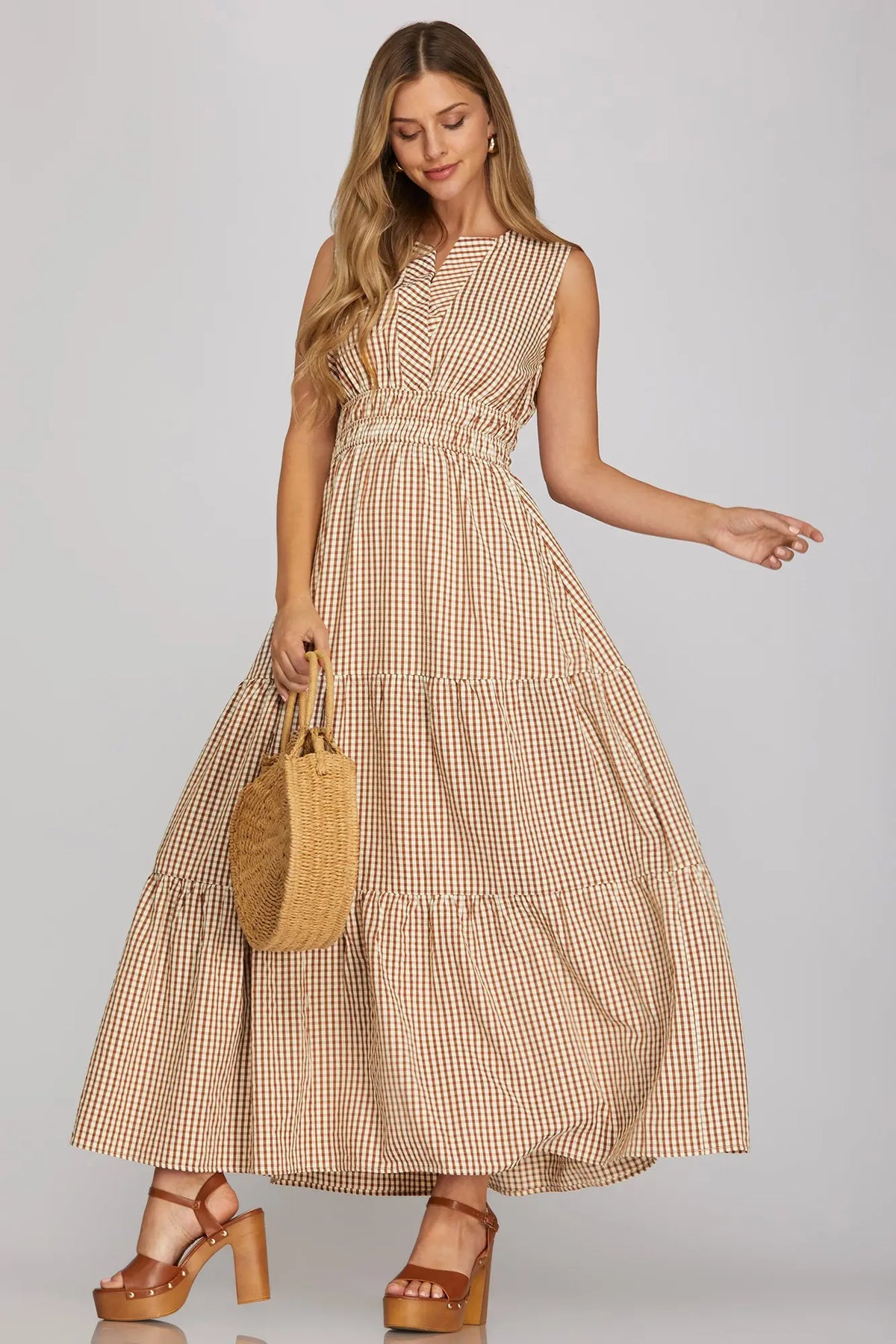 Dottie Gingham Tiered Sleeveless Maxi Dress- Brown