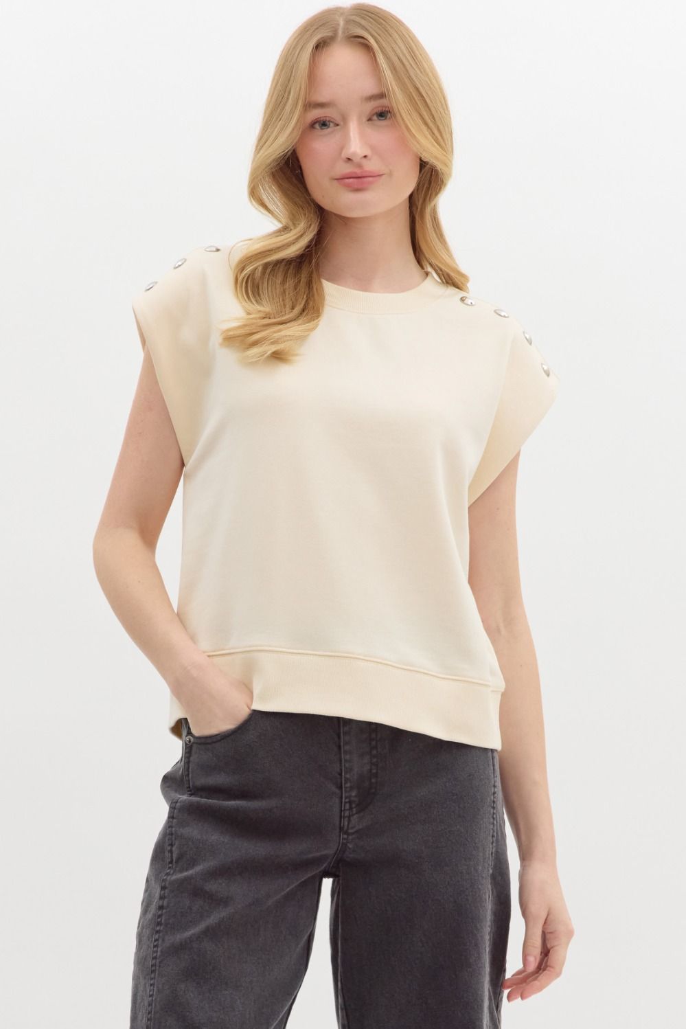 Ecru Knit Pullover with Silver Stud Shoulder Accents
