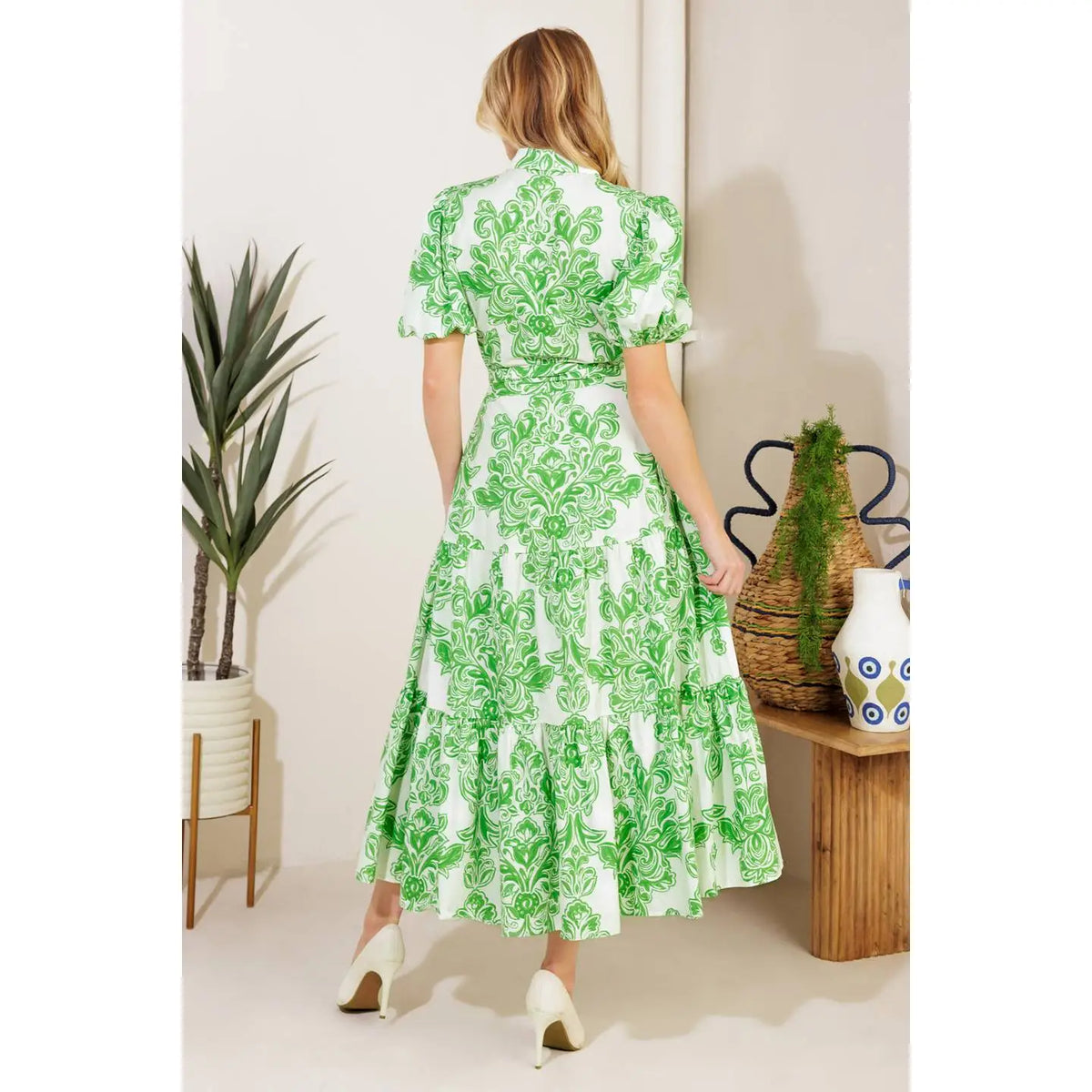 Dellia Damask Print Midi Dress - Apple