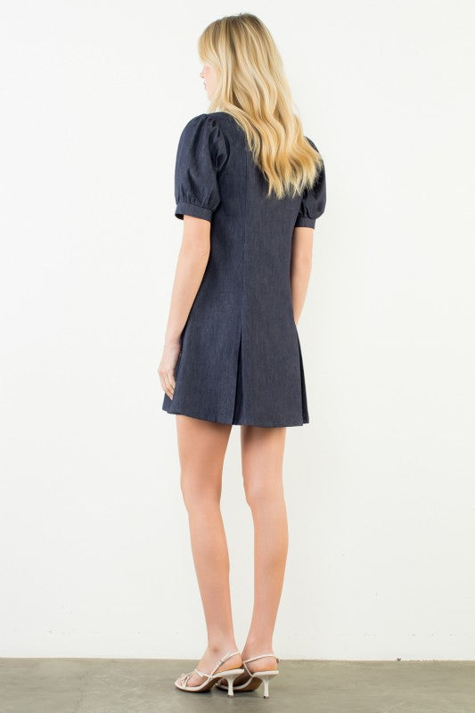 Puff Sleeve Collared Denim Dress by THML