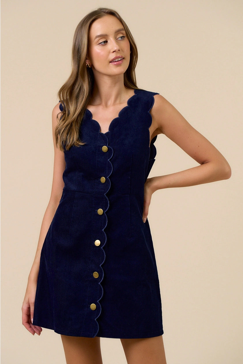 Vivian Navy Corduroy Scallop Edge Button Down Mini Dress