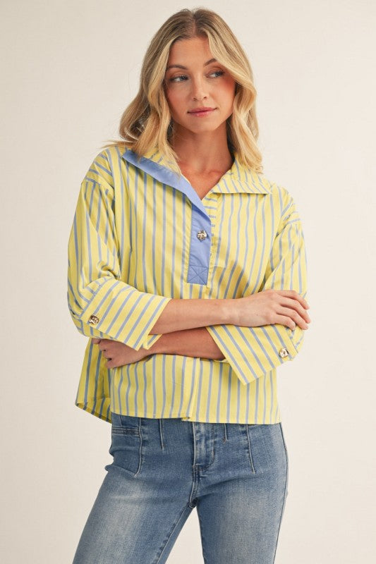 Lauren Striped Top with Gold Button Accent - Light Yellow/ Blue
