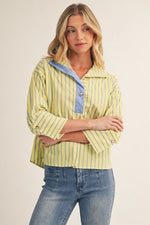 Lauren Striped Top with Gold Button Accent - Light Yellow/ Blue