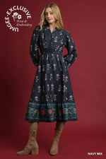 Navy Floral Midi Dress with Smocked Waist & Ruffle Trim