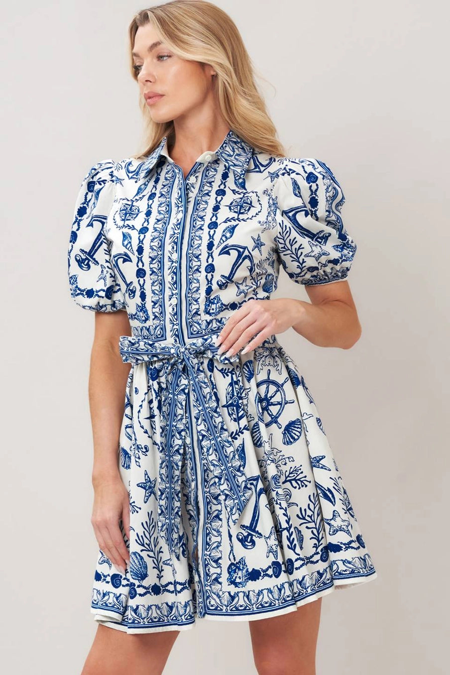 Wynette Nautical Printed Button Down Mini Dress with Self Sash Tie Waist